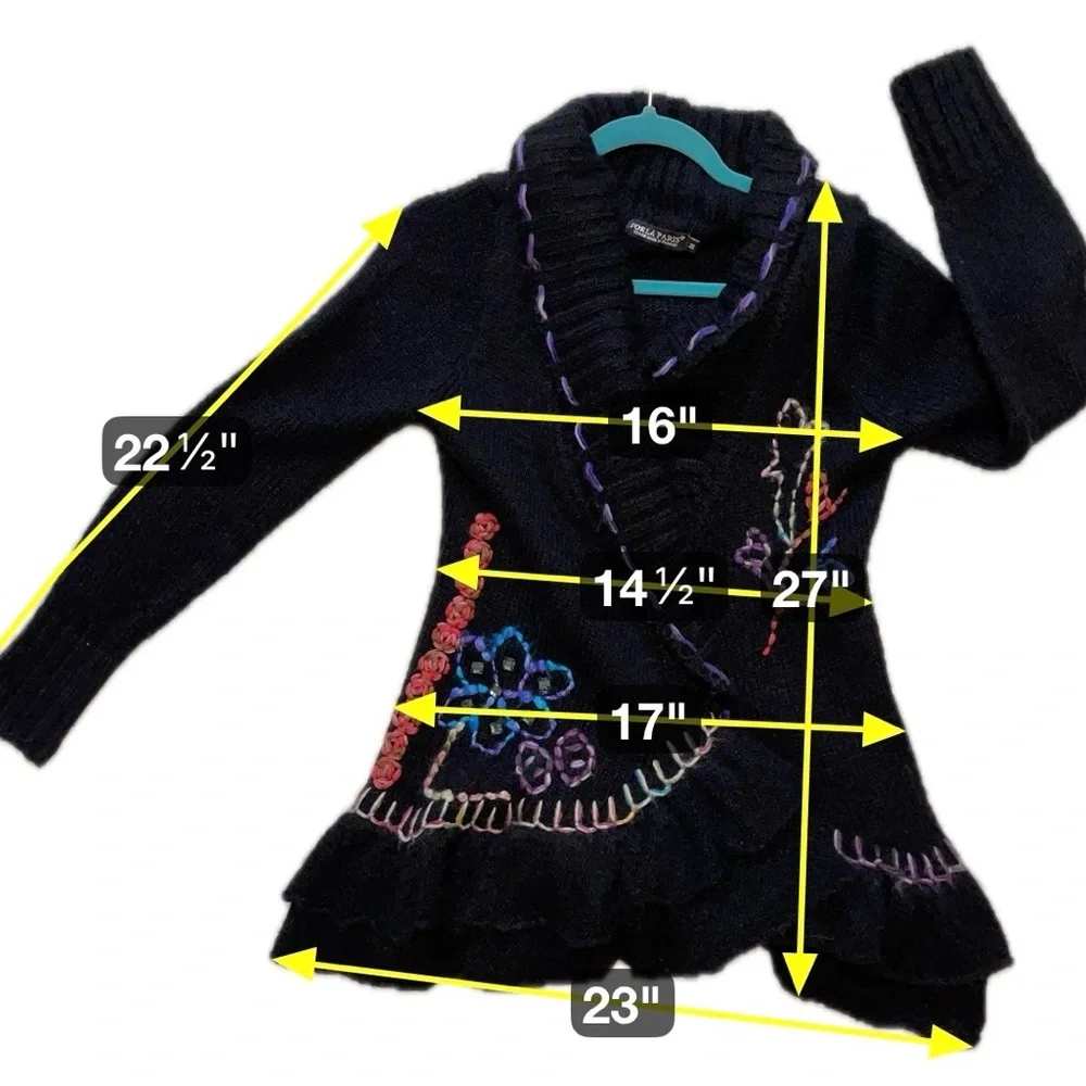 Forla Paris Sweater Black Wool Blend Floral Applique Ruffle Boho Grungy Medium - Picture 7 of 10